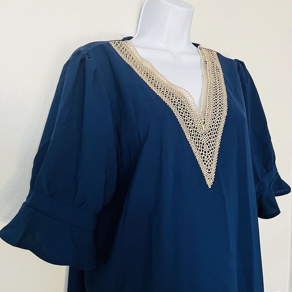 Wkior Shift Dress V Neck Short Ruffle  Sleeves Solid Color Casual Flowy Blue Tan - Picture 4 of 11